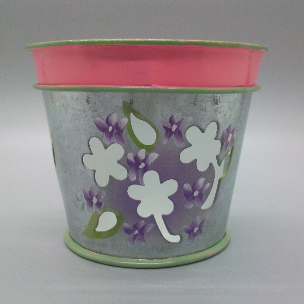 PartyLite Single  Purple Violet Flowers Galvanized Pot Votive Holder #7740